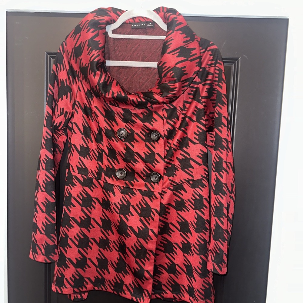 Tribal  Red Black Houndstooth Double‎ Breasted Button Mid Pea Coat Jacket Medium